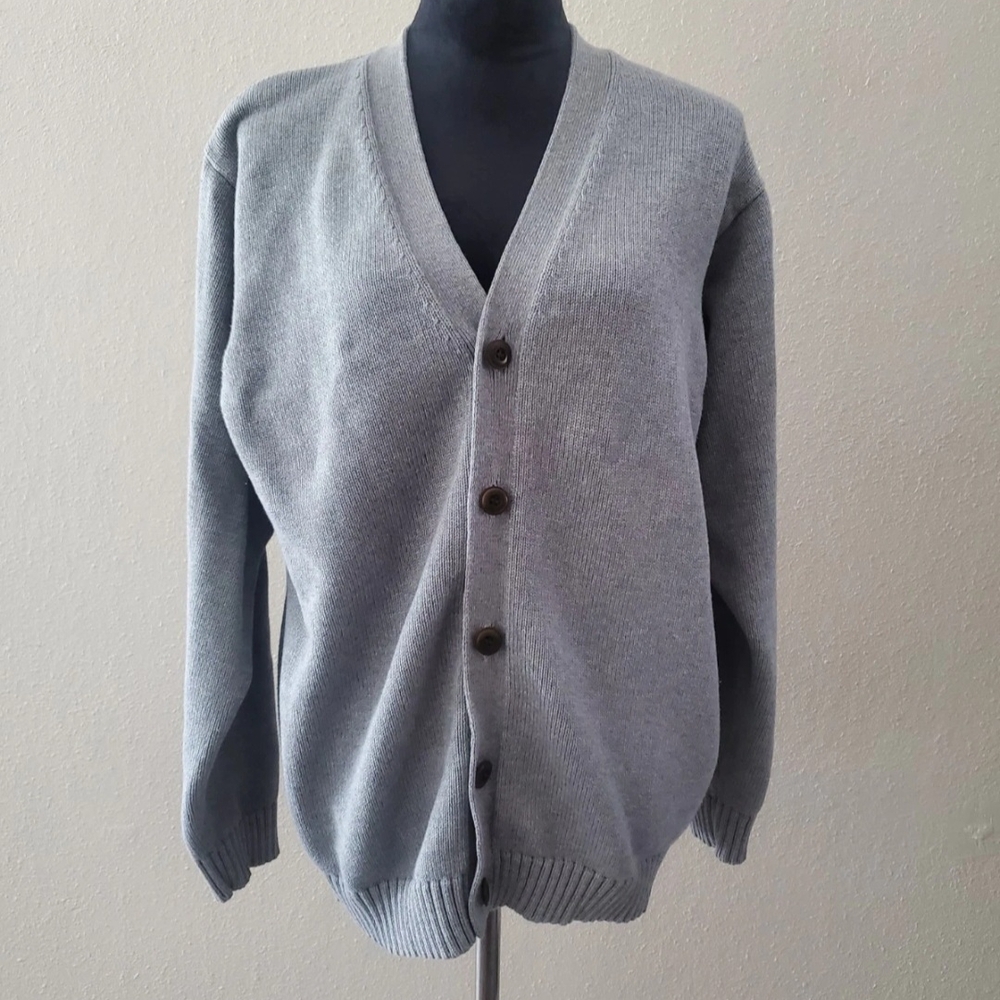 Men's LL Bean Heavy Grey Button Down Cotton Cardigan Size L Tall Grandpacore